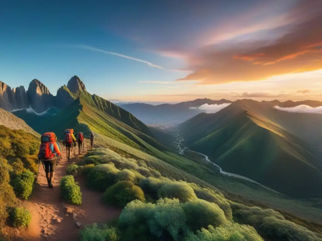 Un grupo de excursionistas en silueta contra un cielo al atardecer en Parque Aventura de Villa Serrana, destaca la emoción del trekking