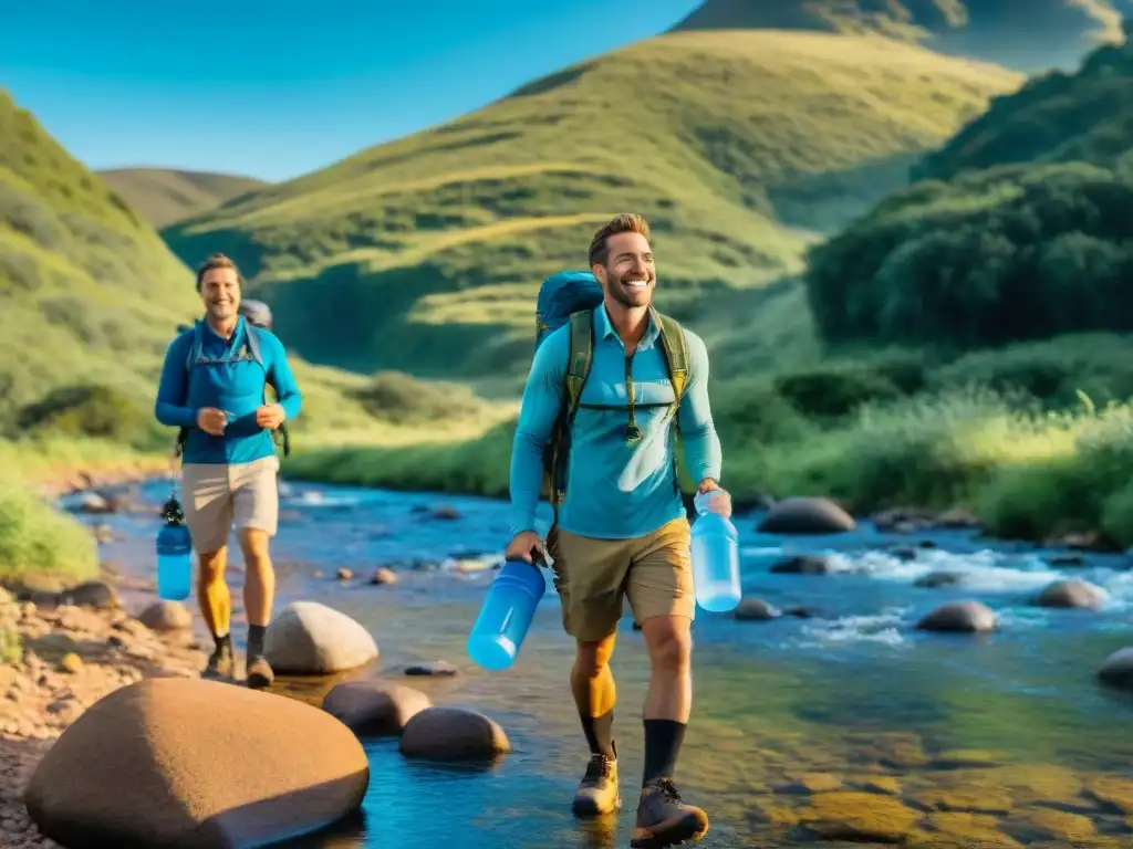 Grupo de excursionistas sonrientes llenando sus botellas de agua portátiles en arroyo de montaña en Uruguay, con filtros agua portátiles Uruguay