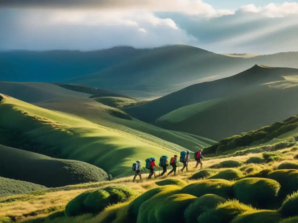 Un grupo de excursionistas recorriendo el terreno accidentado de Uruguay bajo un cielo cambiante, ideal para la mejor época de trekking en Uruguay