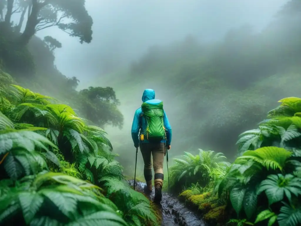Grupo de excursionistas en trekking lluvioso por bosque uruguayo, viviendo una experiencia única de conexión con la naturaleza