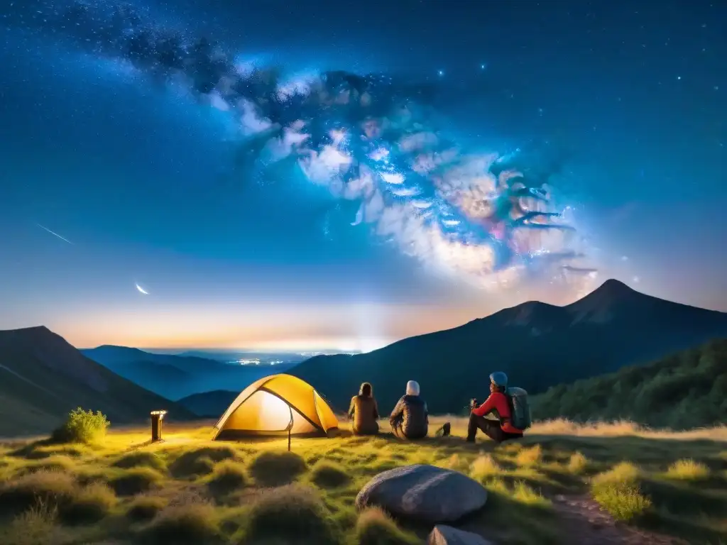 Un grupo de excursionistas se prepara para un trekking nocturno en Uruguay bajo un cielo estrellado, rodeados por la Vía Láctea