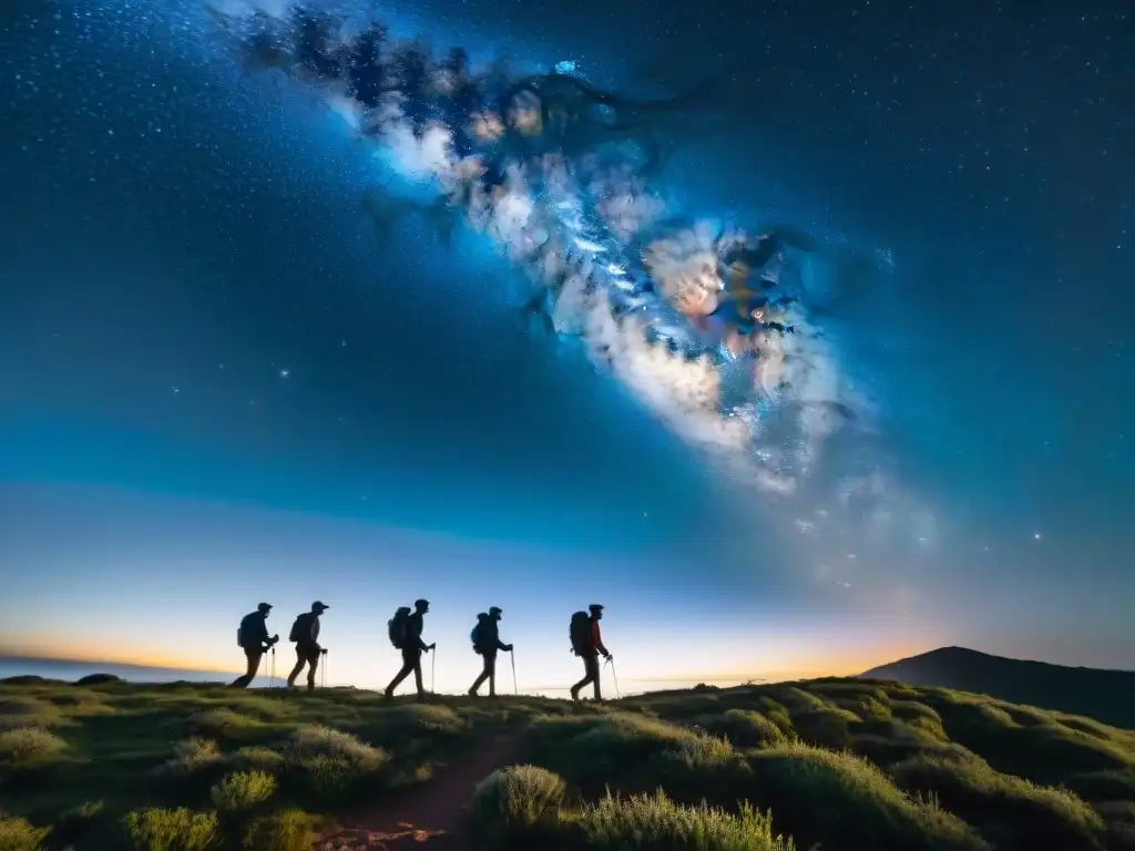 Un grupo de excursionistas haciendo trekking nocturno en Uruguay bajo un cielo estrellado con la Vía Láctea