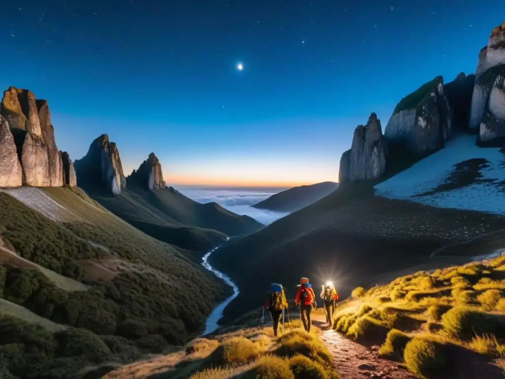 Grupo de excursionistas en trekking nocturno por Quebrada de los Cuervos en Uruguay, iluminados por sus linternas en la noche estrellada