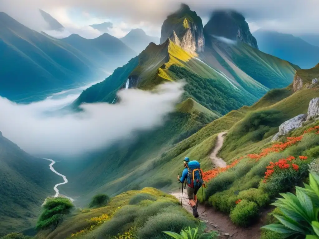 Grupo de excursionistas en trekking por sendero montañoso en el Parque Aventura de Villa Serrana, rodeados de flora vibrante y picos majestuosos