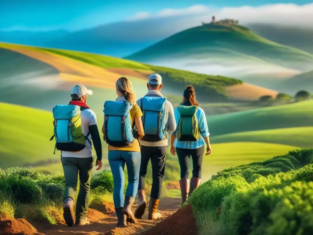 Un grupo de excursionistas recorriendo un valle verde en Uruguay, con colinas y cielo azul