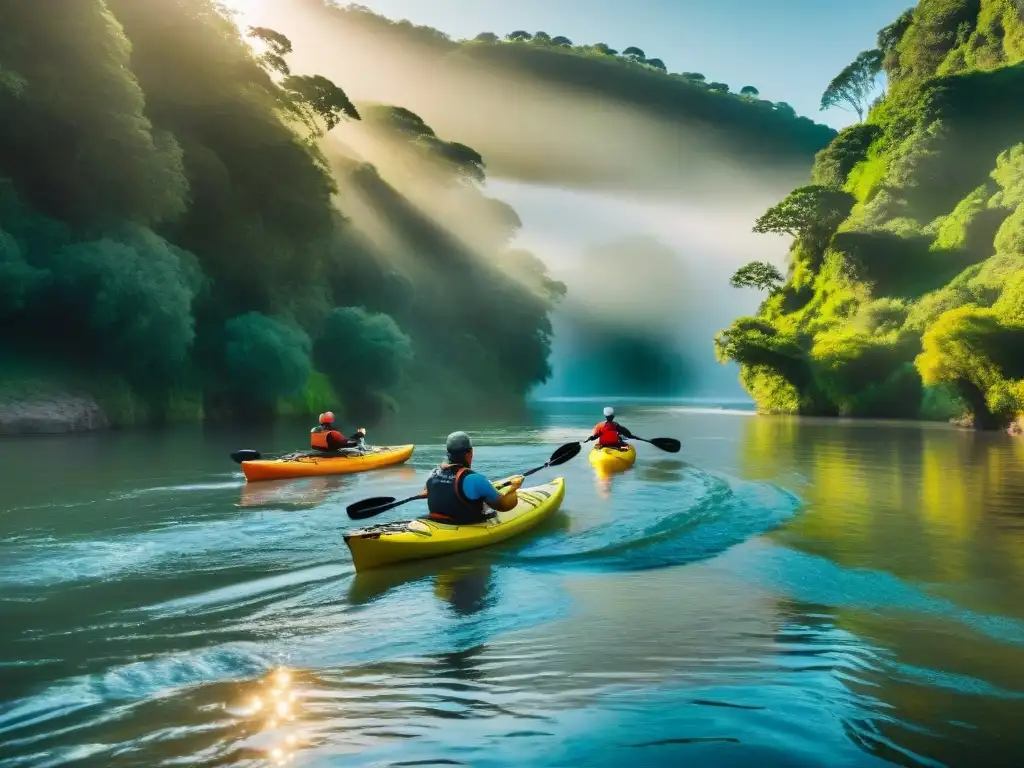 Un grupo de experimentados kayakistas navegando por un río serpenteante rodeado de exuberante vegetación en Uruguay