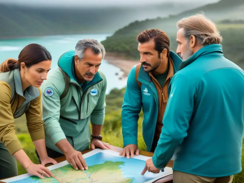 Un grupo de expertos en conservación proyectos internacionales Uruguay planificando estrategias de protección ambiental en un mapa detallado