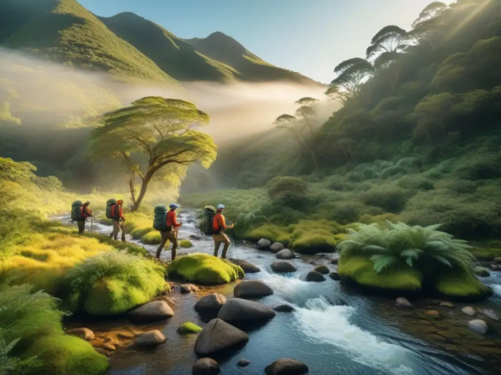 Un grupo de exploradores aventureros en Uruguay, cruzando un arroyo cristalino y filtrando agua con avanzados filtros para aventureros