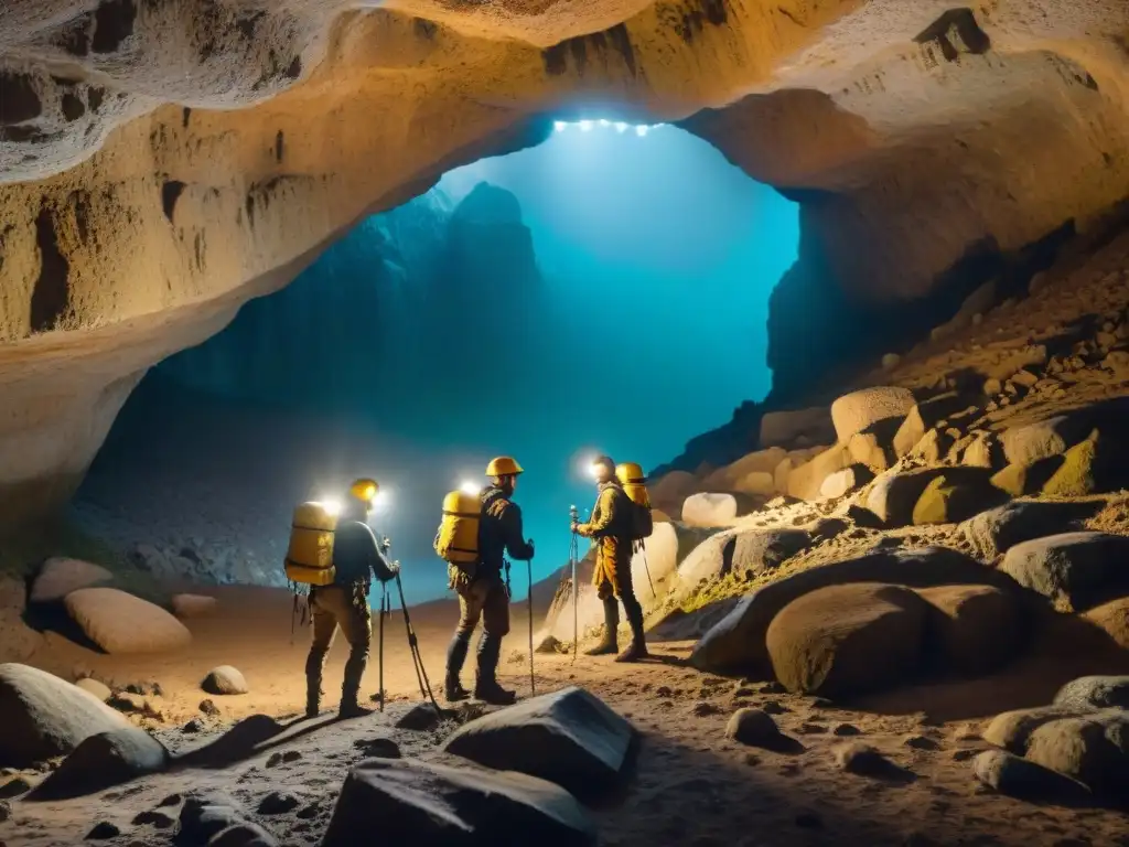 Un grupo de exploradores con cascos y linternas se adentra en una cueva subterránea en Uruguay, rodeados de estalactitas y estalagmitas