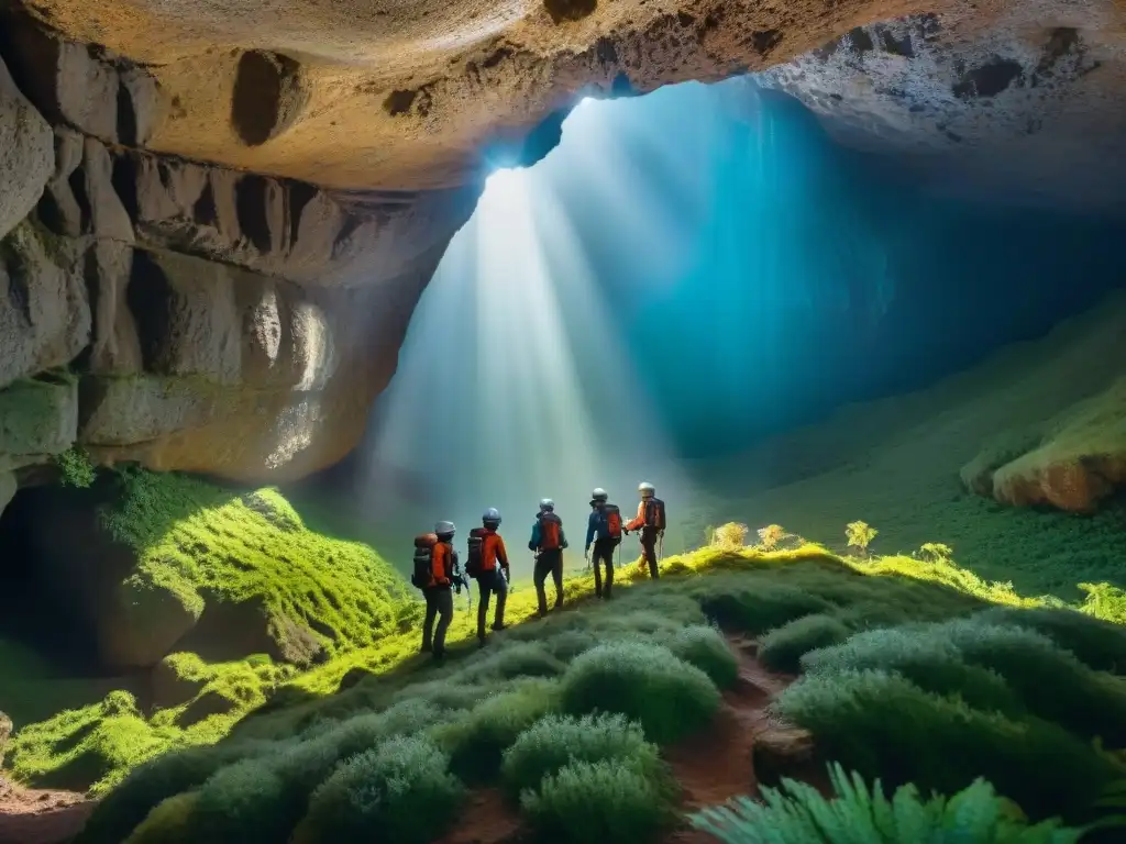 Grupo de exploradores con cascos y linternas en una cueva misteriosa en Uruguay