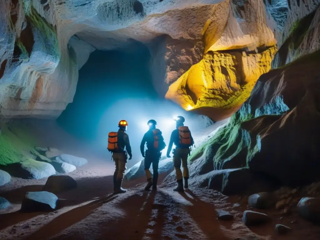 Un grupo de exploradores con cascos y linternas para explorar cuevas en Uruguay, descubriendo maravillas subterráneas en una cueva oscura y estrecha