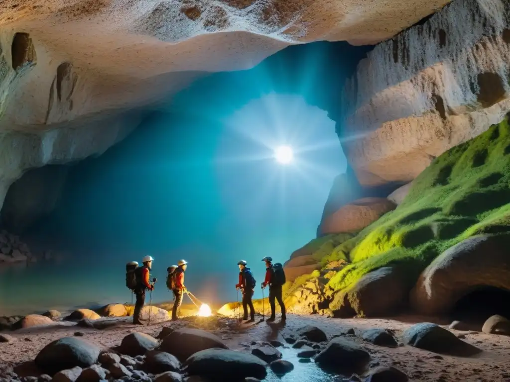 Grupo de exploradores en cueva subterránea en Uruguay iluminados por sus lámparas frontales, mostrando emoción y belleza