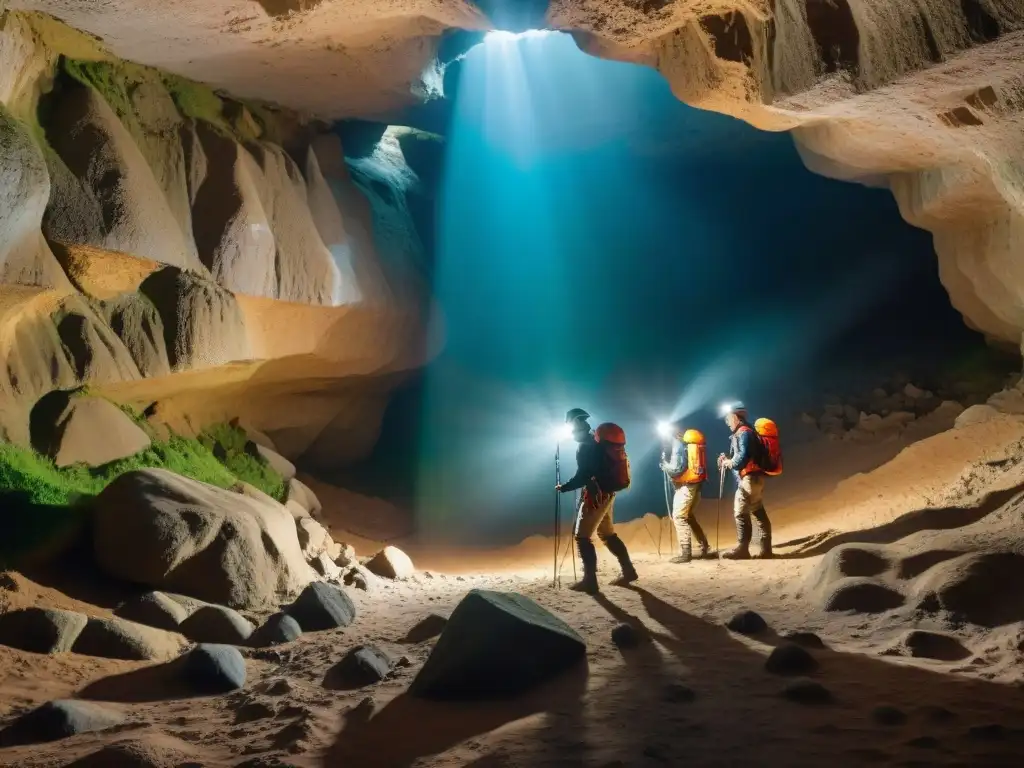 Grupo de exploradores en cueva uruguaya, iluminados por lámparas frontales