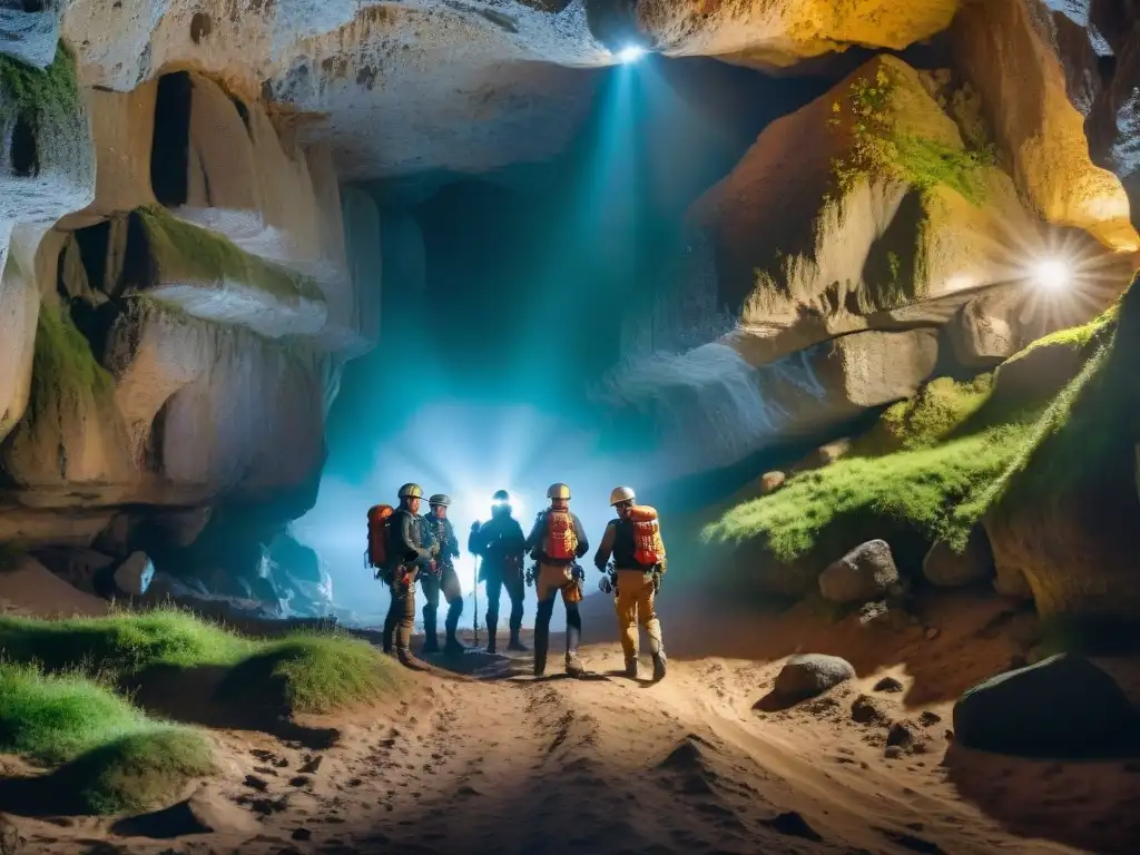 Un grupo de exploradores equipados con cascos y linternas, navegando por una cueva subterránea en Uruguay