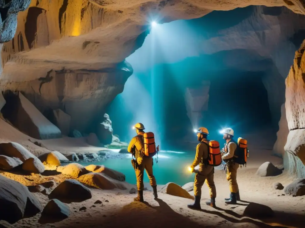 Grupo de exploradores en grutas y cavernas Uruguay, iluminados por lámparas, descubriendo maravillas subterráneas con determinación y asombro