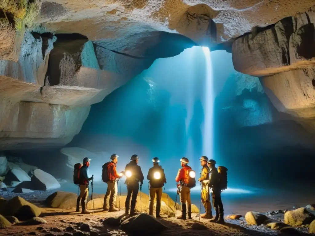 Un grupo de exploradores con linternas se prepara para adentrarse en una cueva misteriosa en Uruguay