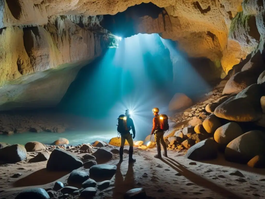 Grupo de exploradores con linternas para explorar cuevas en Uruguay, descubriendo maravillas subterráneas con determinación y asombro