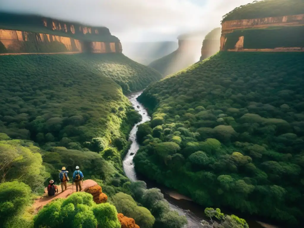 Un grupo de exploradores maravillados por la Quebrada de los Cuervos guía, con imponentes acantilados y exuberante vegetación