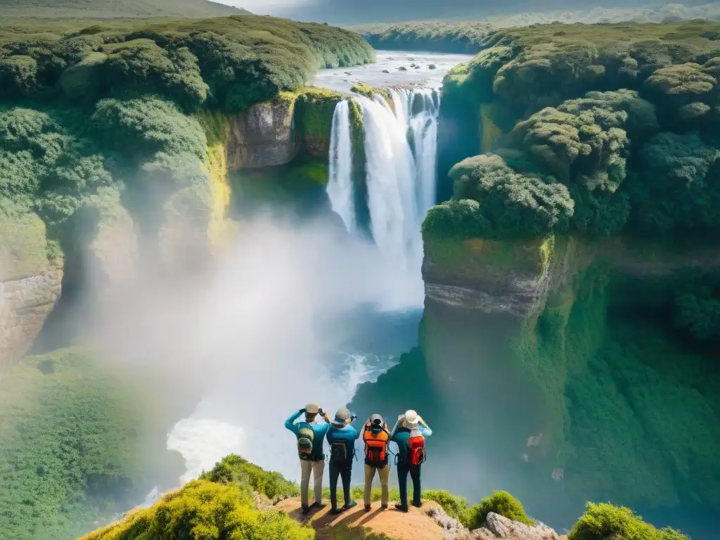 Grupo de exploradores con los mejores prismáticos admirando cascada en Uruguay