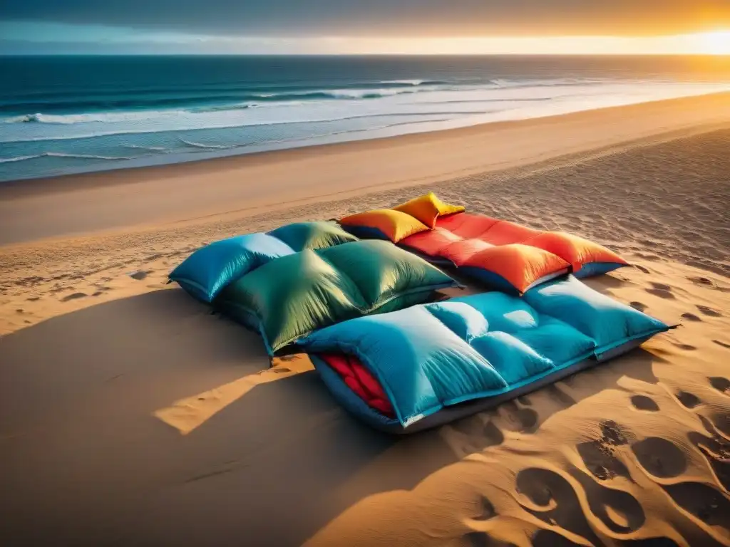 Grupo feliz de campistas en sacos de dormir para acampar en la playa uruguaya al atardecer