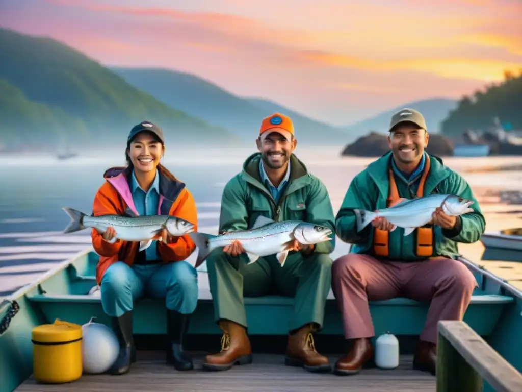 Grupo feliz de pescadores en muelle al atardecer con capturas impresionantes