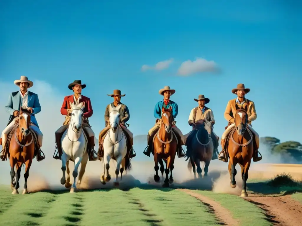 Grupo de gauchos galopando en el Festival de la Patria Gaucha Uruguay, mostrando sus habilidades ecuestres en paisaje pintoresco