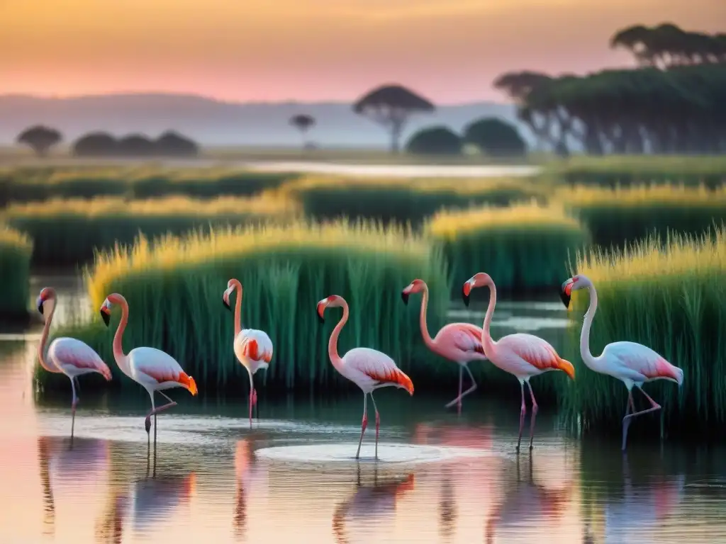 Un grupo de flamencos vibrantes en un humedal sereno de Uruguay al atardecer, rodeados de vegetación exuberante y palmeras en silueta