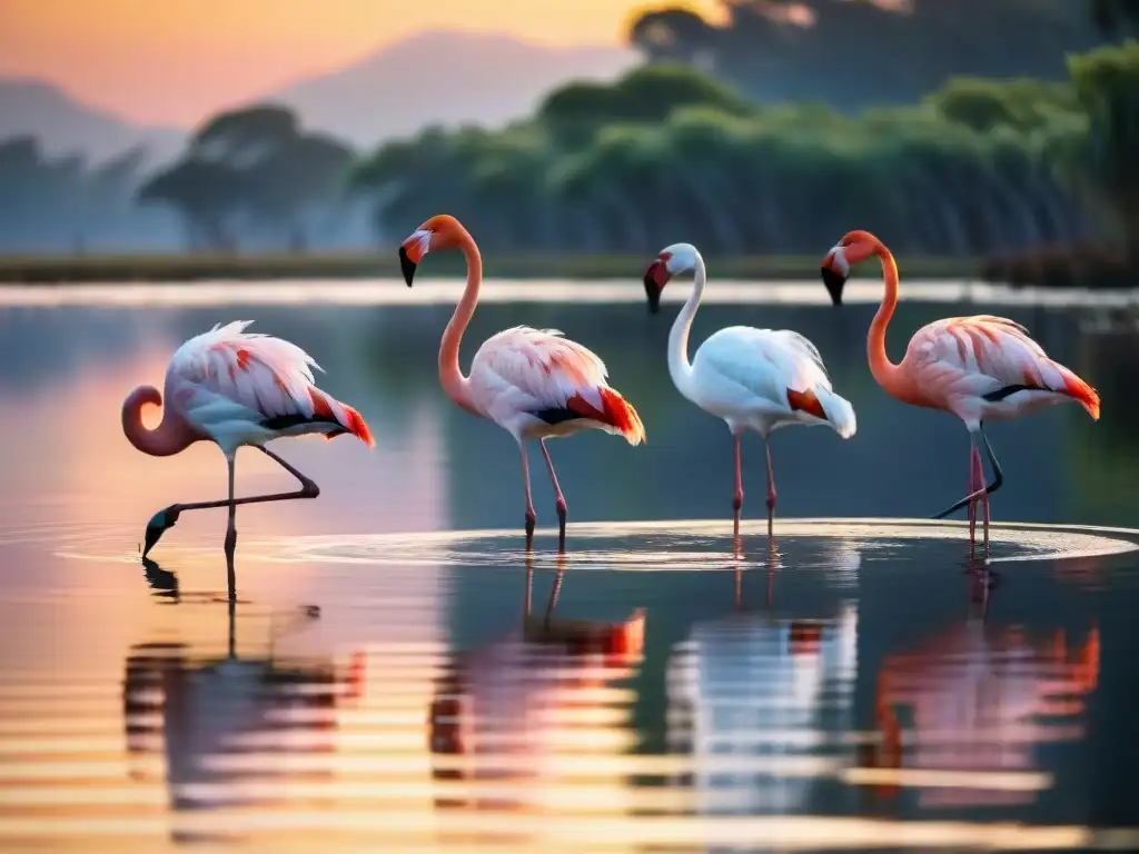 Un grupo de flamencos vibrantes en un humedal sereno al amanecer, reflejando la luz dorada del sol