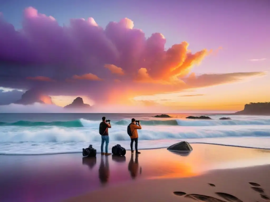 Un grupo de fotógrafos capturando un atardecer en una playa de Uruguay