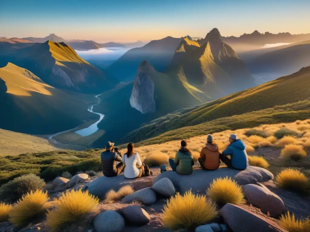 Un grupo de fotógrafos aventureros ajustando cámaras en taller de fotografía, bajo la cálida luz del atardecer en sierras uruguayas