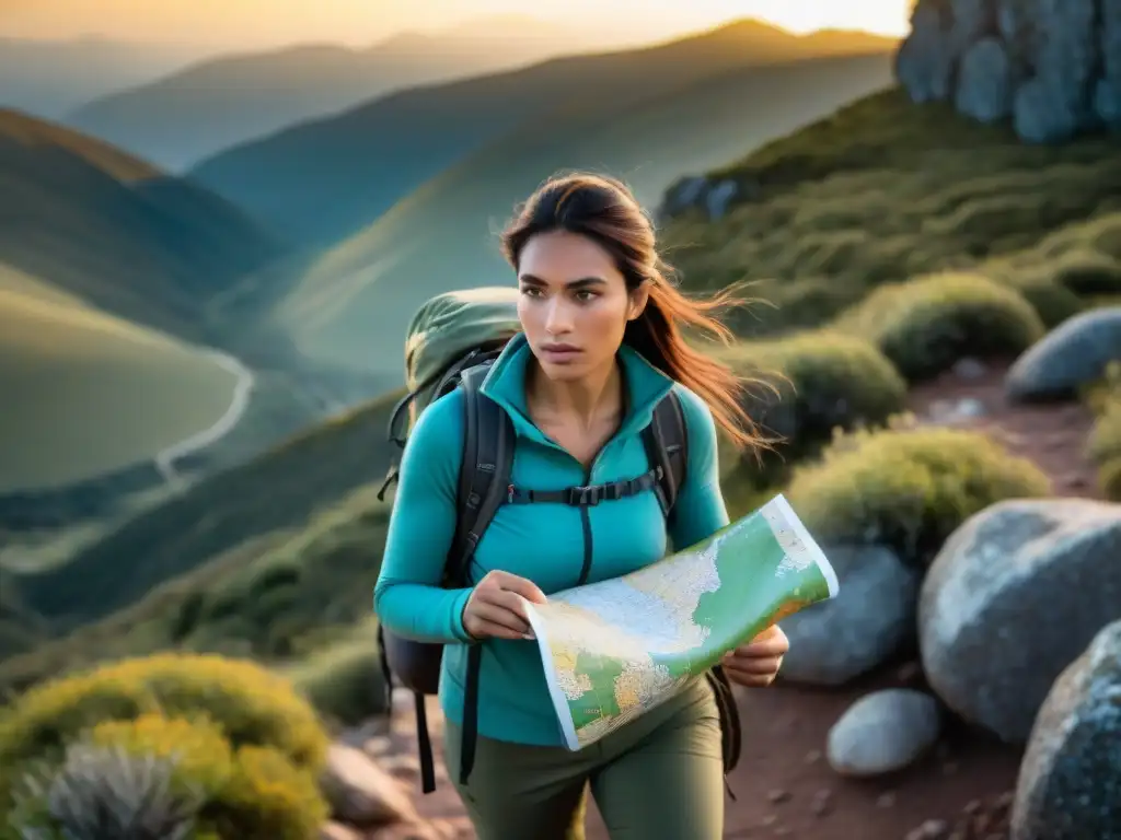 Un grupo de fotógrafos aventureros explorando senderos en las sierras uruguayas al atardecer, compartiendo consejos y capturando paisajes