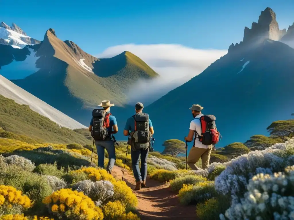 Un grupo de fotógrafos aventureros explorando las Sierras uruguayas, con cámaras en sus mochilas, capturando la belleza natural