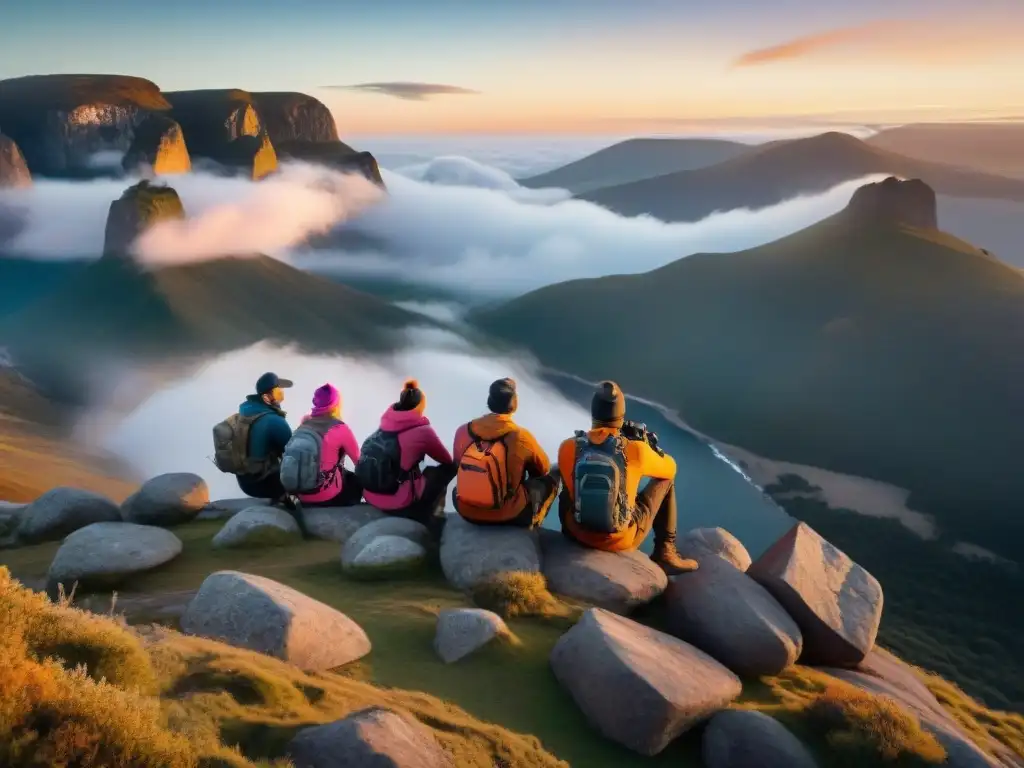 Grupo de fotógrafos en taller de fotografía aventura sierras uruguayas al amanecer, listos para capturar la primera luz del día