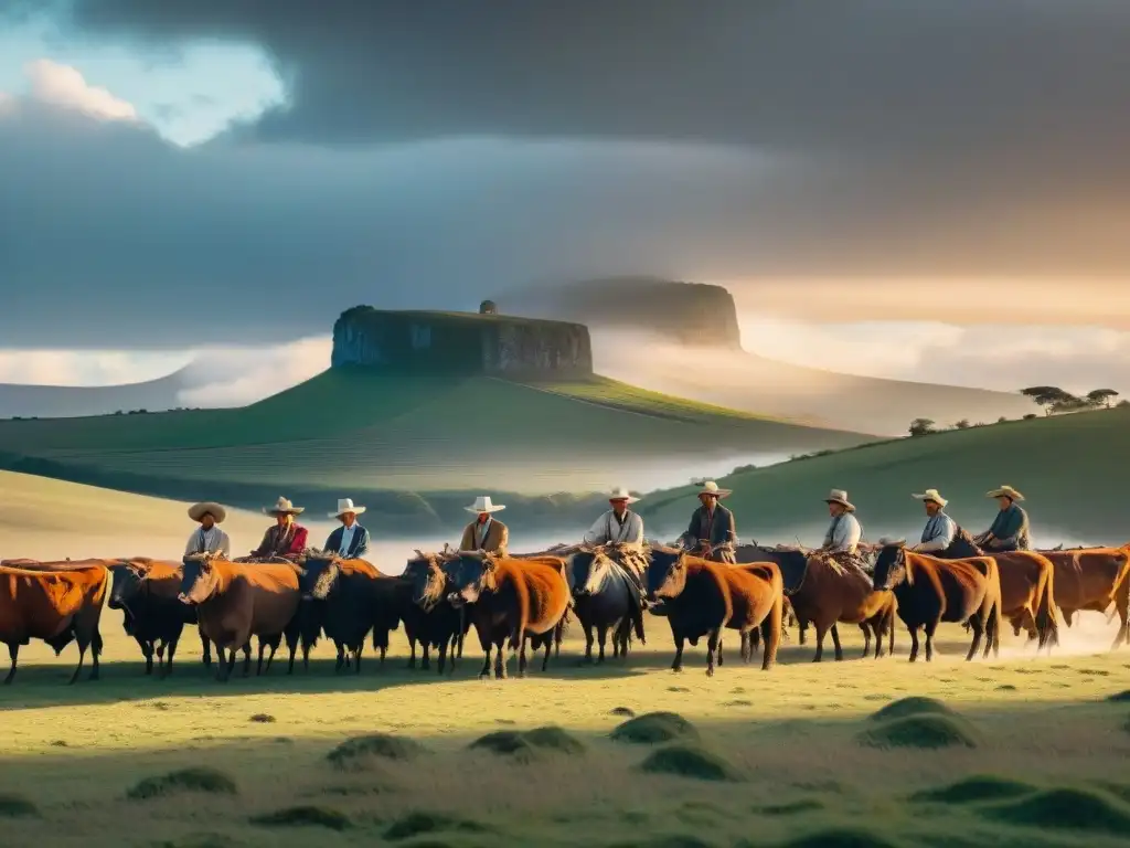 Un grupo de gauchos en Uruguay guía ganado en un paisaje campestre al atardecer