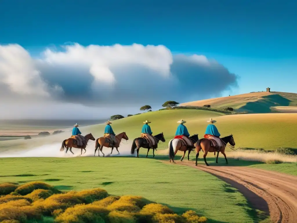 Grupo de gauchos montando a caballo en las llanuras doradas de Uruguay, transmitiendo la tradición del gaucho en Uruguay