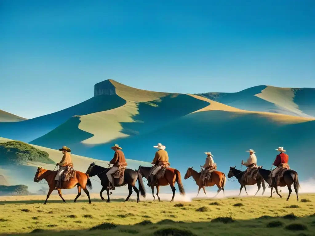 Grupo de gauchos en la campiña uruguaya, heredando la tradición del gaucho en Uruguay