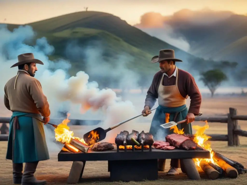 Grupo de gauchos en la campiña uruguaya, preparando un asado al aire libre