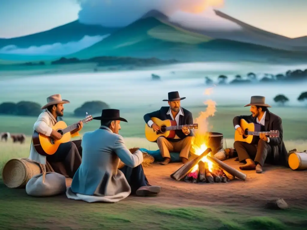 Un grupo de gauchos en el campo uruguayo tocando música folklórica alrededor de una fogata