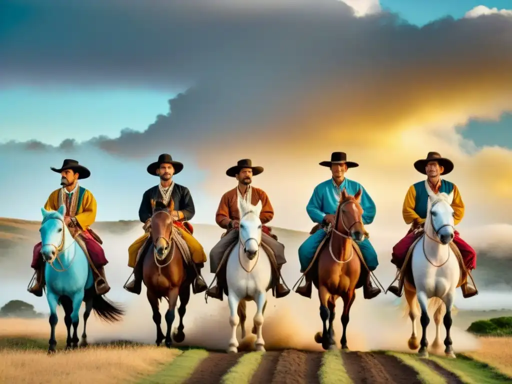 Grupo de gauchos en Festival de la Patria Gaucha Uruguay, bailando en llanuras doradas al atardecer