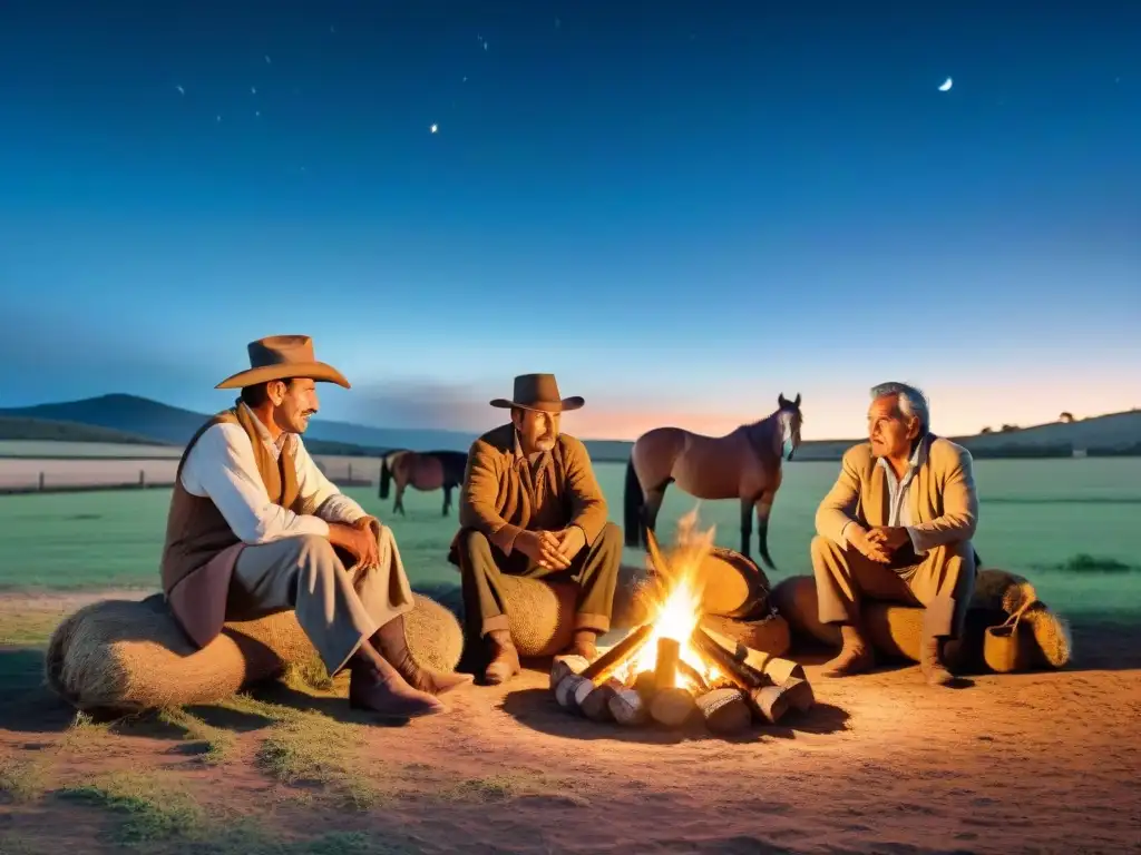 Grupo de gauchos reunidos alrededor de una fogata bajo un cielo estrellado en Uruguay, reflejando las tradiciones rurales del país