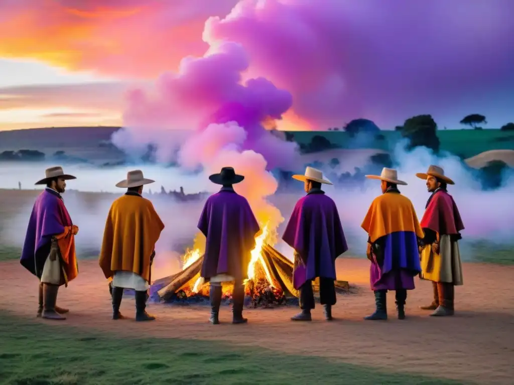 Grupo de gauchos uruguayos celebrando la Fiesta Nacional del Mate Uruguay alrededor de una fogata al atardecer