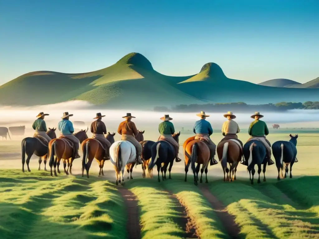 Un grupo de gauchos uruguayos guiando expertamente una gran manada de ganado en las extensas llanuras verdes de Uruguay al atardecer