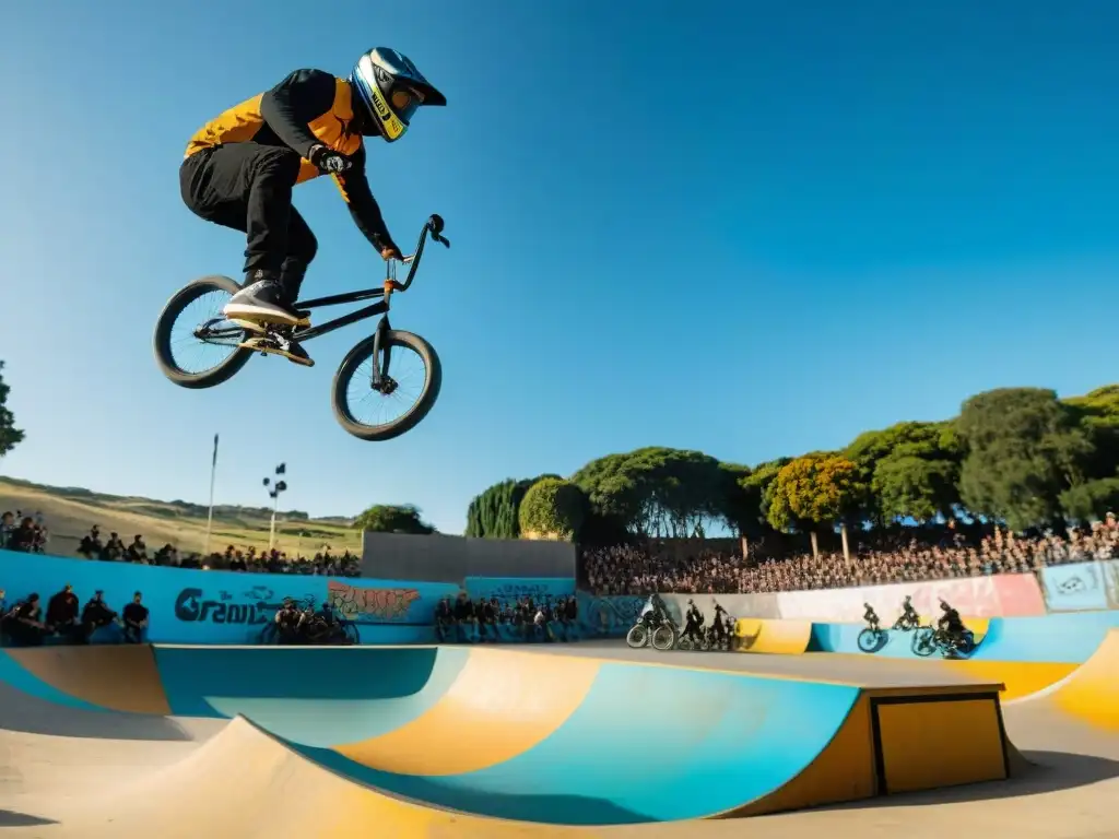 Grupo de habilidosos pilotos de BMX en acción en un vibrante skatepark urbano en Uruguay