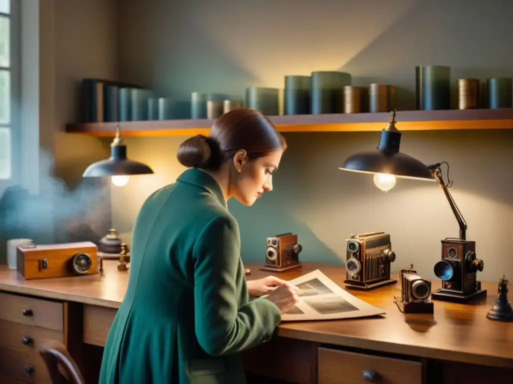 Grupo de historiadores y arqueólogos restaurando fotografía histórica en laboratorio de conservación en Uruguay