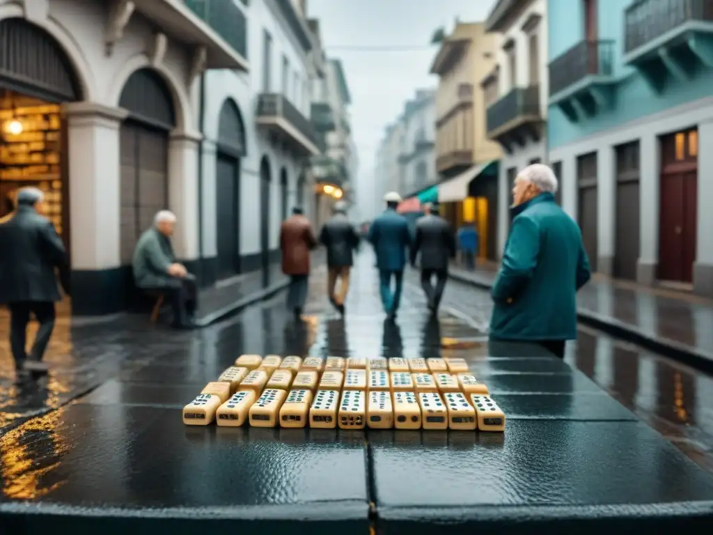 Grupo de hombres de edad jugando domino en las calles de Montevideo en un día lluvioso, capturando la vida urbana de Uruguay