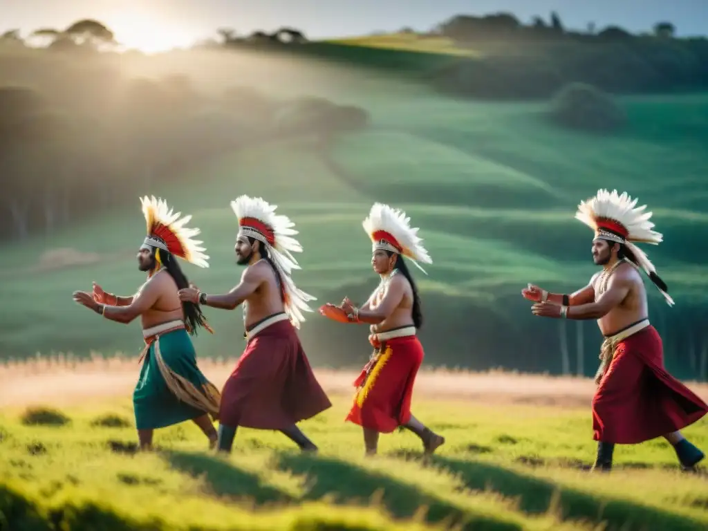 Grupo de indígenas en trajes tradicionales celebrando el solsticio de verano en un campo verde de Uruguay