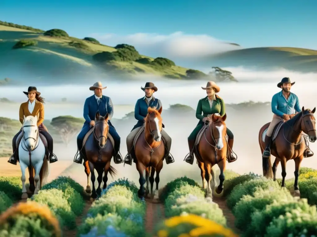 Grupo de jinetes aventureros recorriendo la campiña de Uruguay en caballo bajo cielo azul