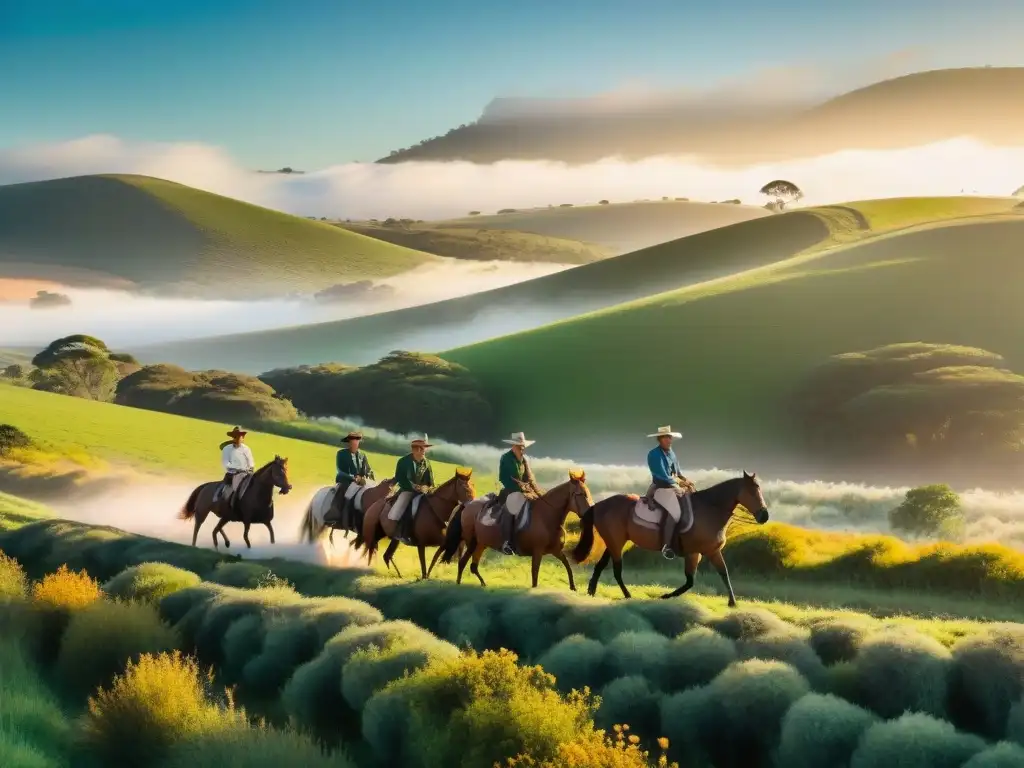 Un grupo de jinetes en la campiña uruguaya al atardecer, en una ruta ecuestre