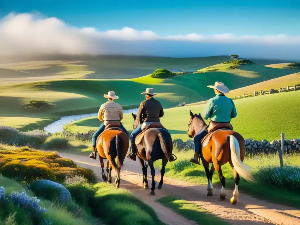 Un grupo de jinetes sonrientes, vestidos de gauchos, cabalgan en el campo de Uruguay