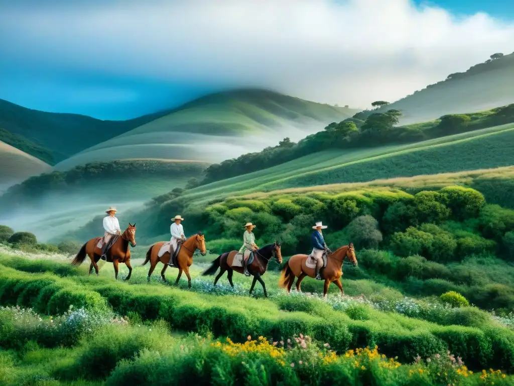 Un grupo de jinetes elegantemente vestidos cabalgando en un paisaje exuberante de Uruguay